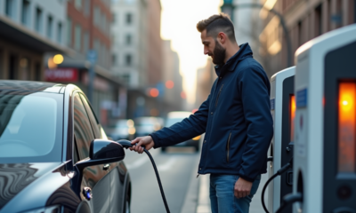 Homme débranchant une voiture électrique en ville