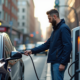 Homme débranchant une voiture électrique en ville
