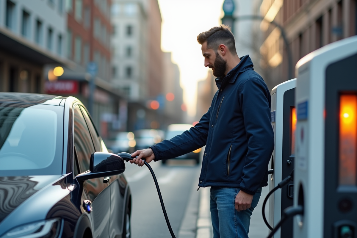 Homme débranchant une voiture électrique en ville