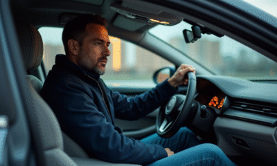 Homme en voiture regardant le tableau de bord