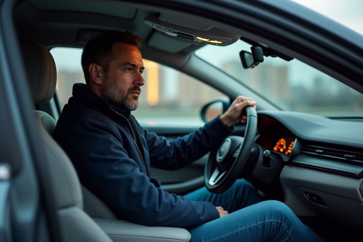Homme en voiture regardant le tableau de bord