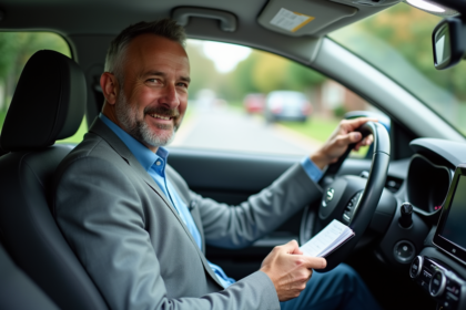 Homme souriant dans une voiture compacte en conduite