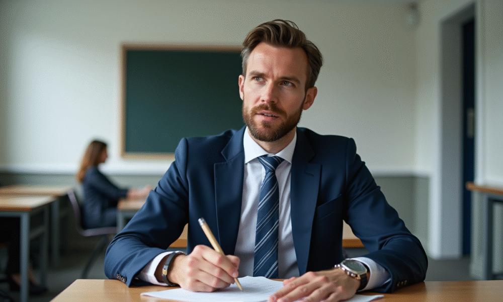 Homme en costume prenant des notes en cours de permis