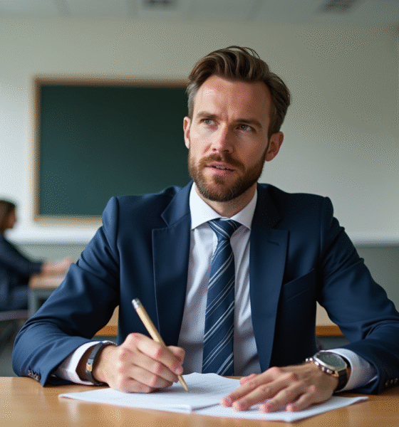 Homme en costume prenant des notes en cours de permis