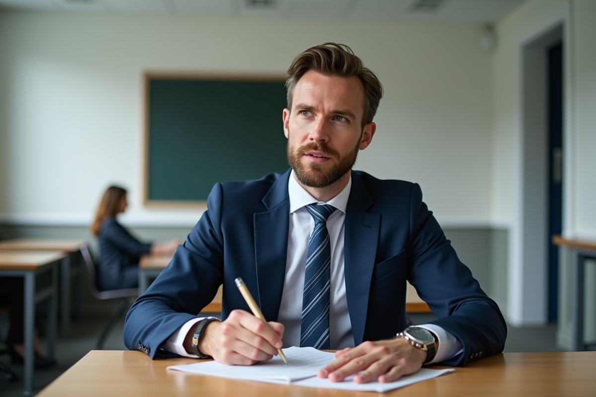 Homme en costume prenant des notes en cours de permis