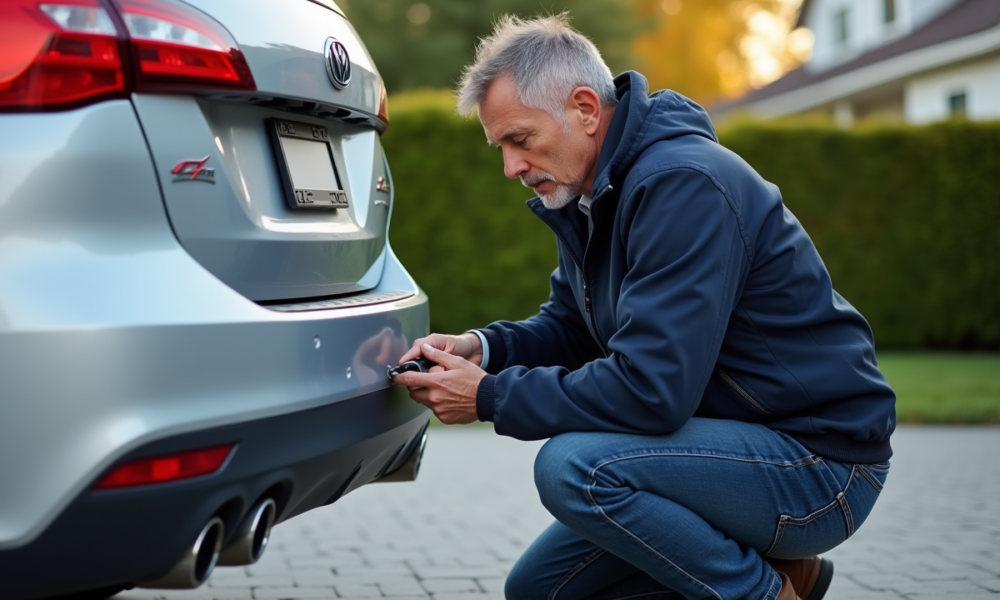 Homme en train de retirer une plaque d'immatriculation d'une voiture