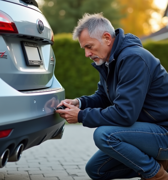 Homme en train de retirer une plaque d'immatriculation d'une voiture