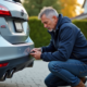 Homme en train de retirer une plaque d'immatriculation d'une voiture