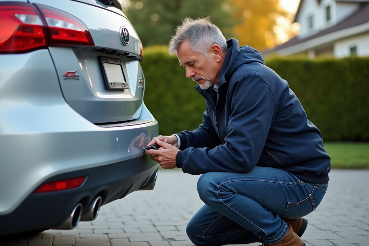 Homme en train de retirer une plaque d'immatriculation d'une voiture