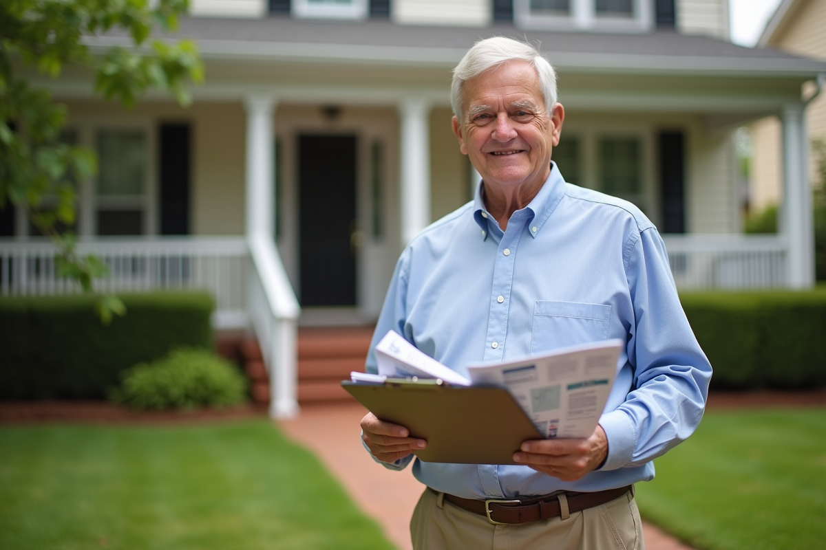 Homme âgé avec brochures d