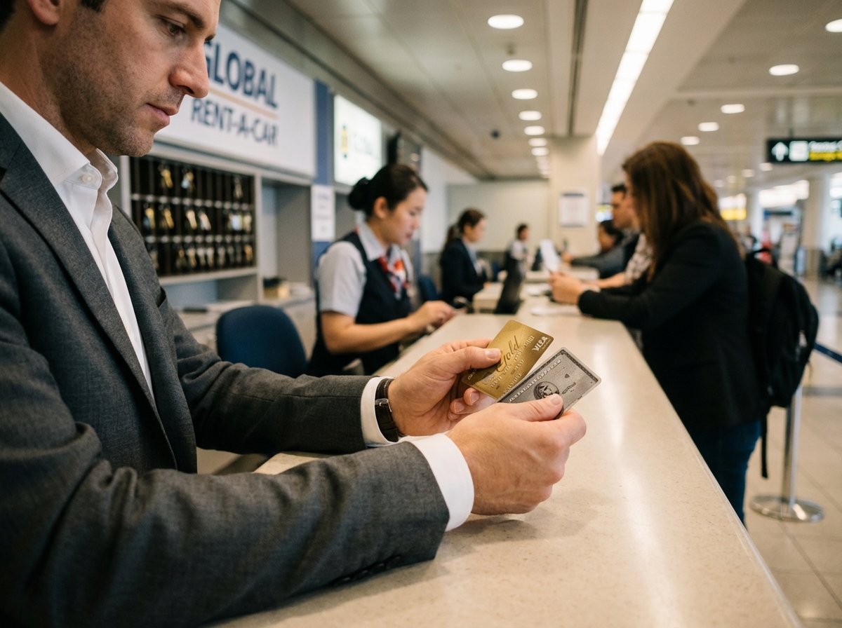Homme en costume examine cartes de credit au bureau de location