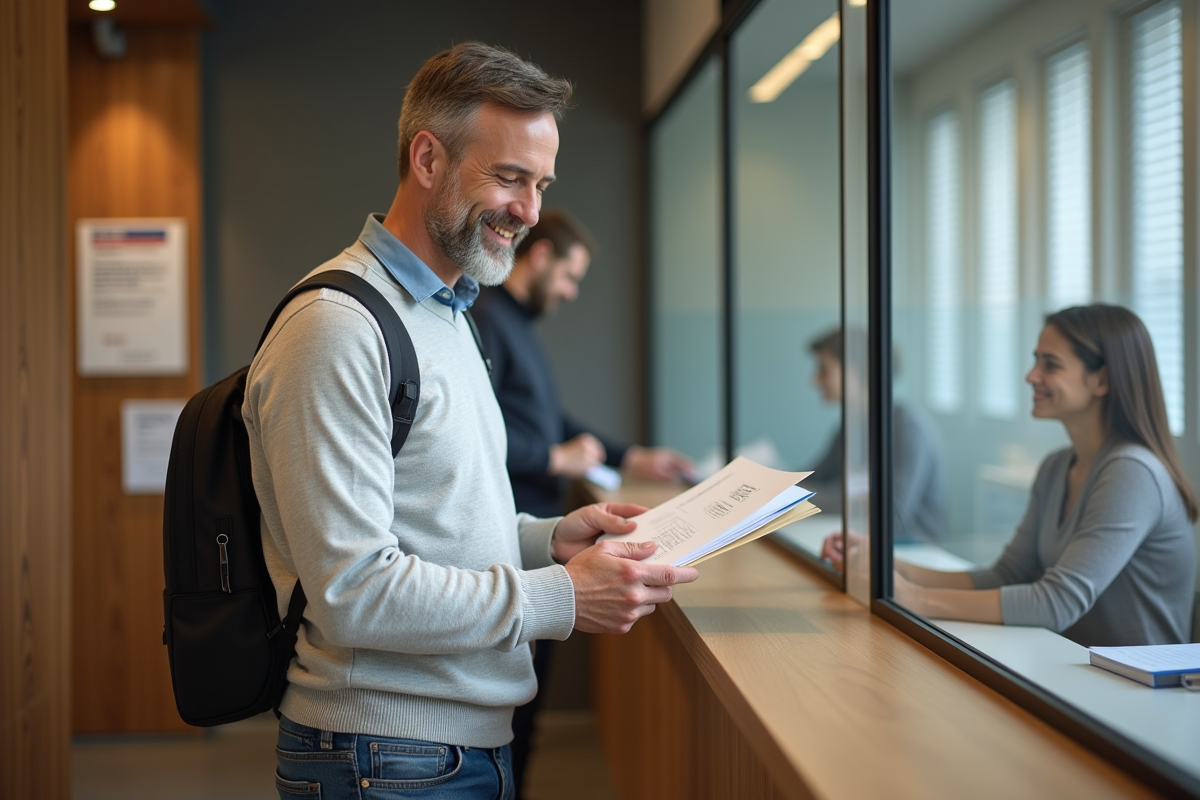 Homme souriant remettant un dossier à un agent à la mairie