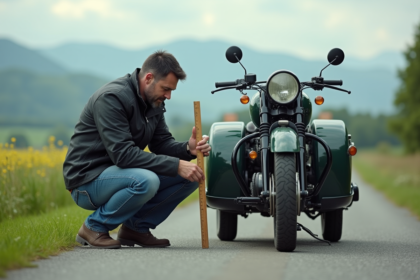 Homme moyenâgeux mesure un écart entre moto et sidecar