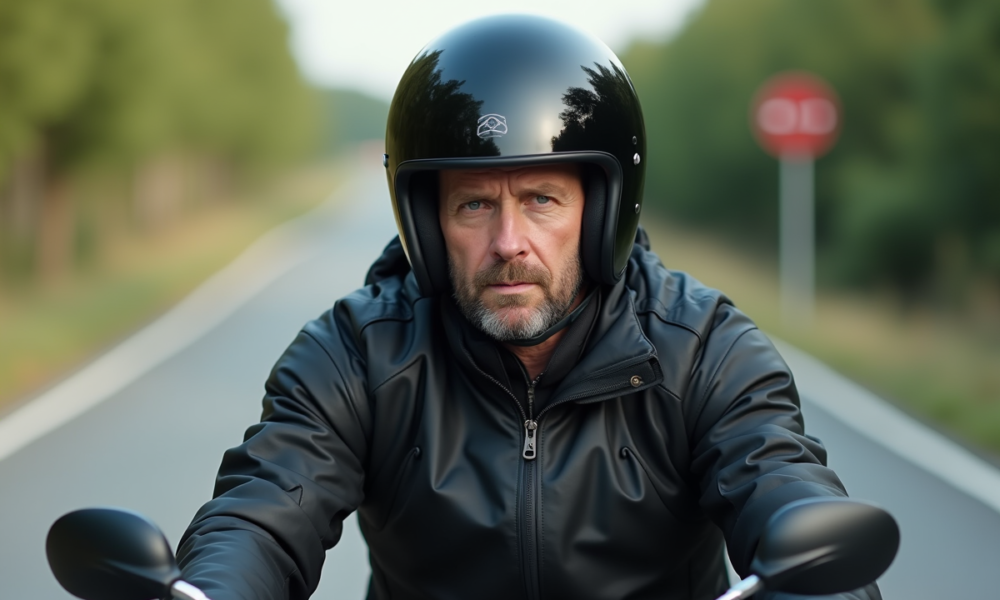 Homme d'âge moyen en moto casque en pleine nature