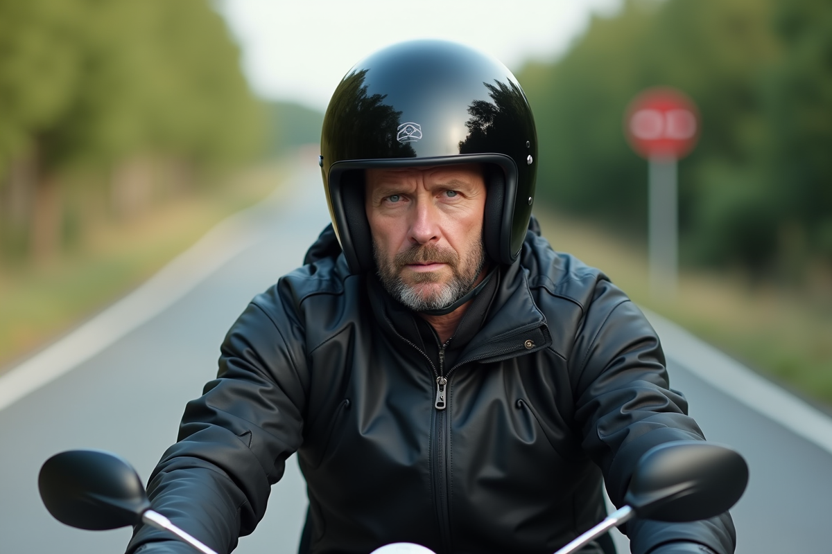 Homme d'âge moyen en moto casque en pleine nature