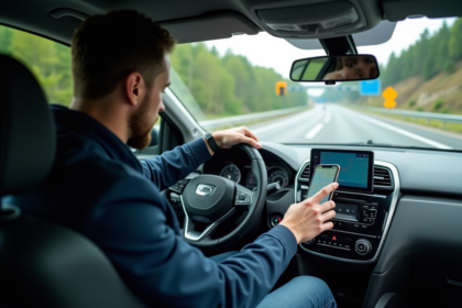 Homme conduisant une voiture utilisant GPS sur smartphone