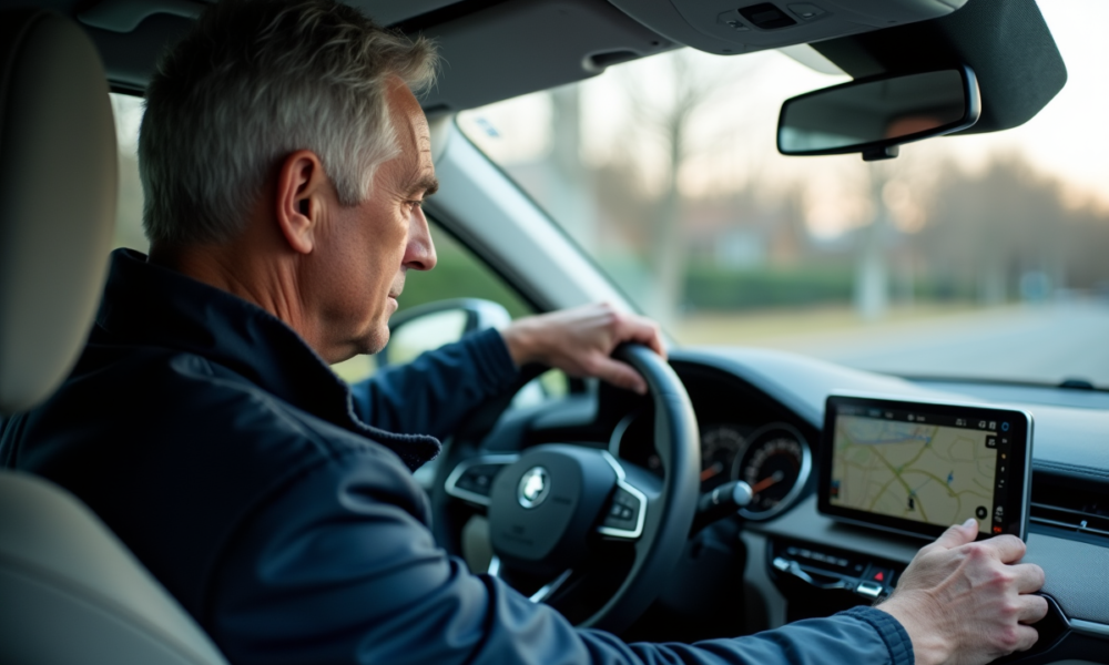 Homme d'âge moyen utilisant GPS dans une voiture moderne