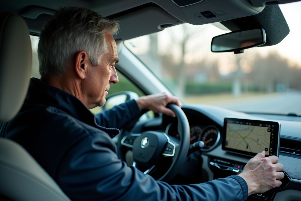 Homme d'âge moyen utilisant GPS dans une voiture moderne