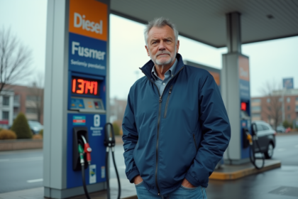 Homme pensif devant pompe à essence moderne en ville