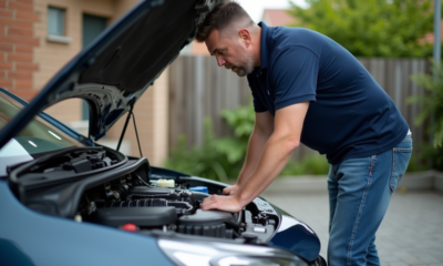 Homme d'âge moyen examine le moteur d'une voiture moderne