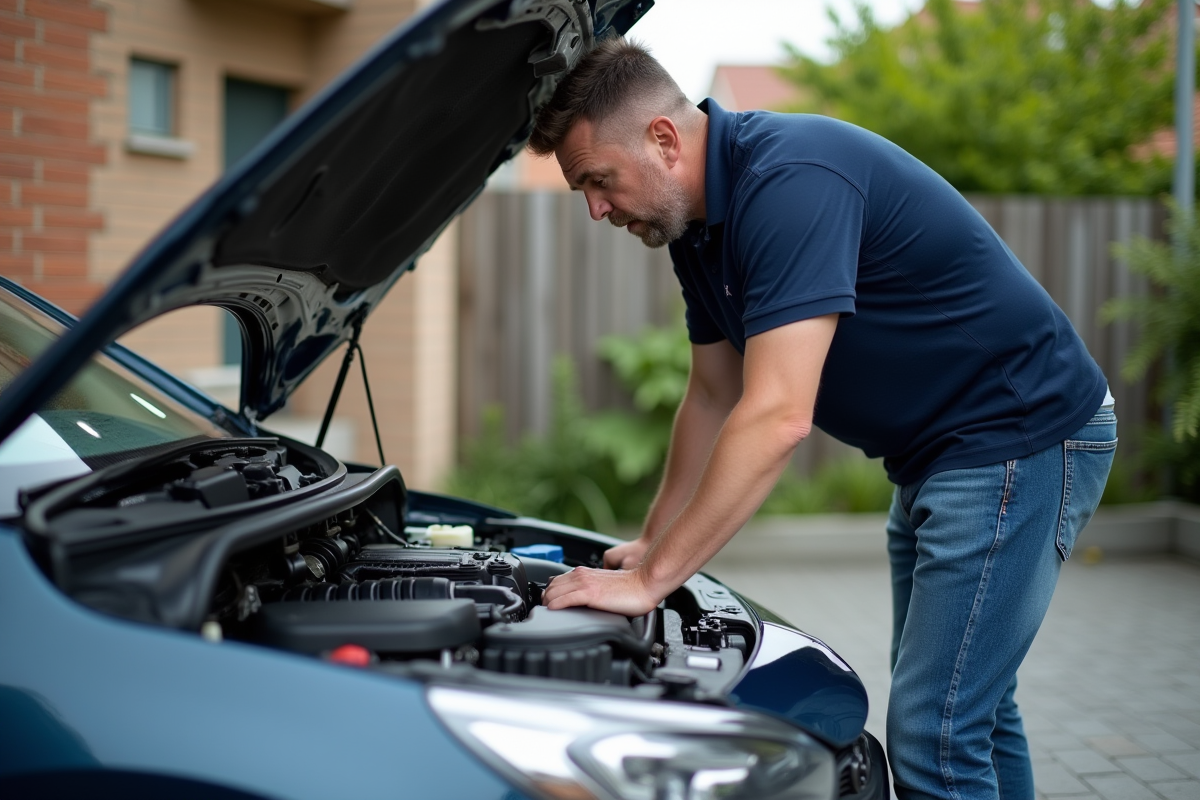 Homme d'âge moyen examine le moteur d'une voiture moderne