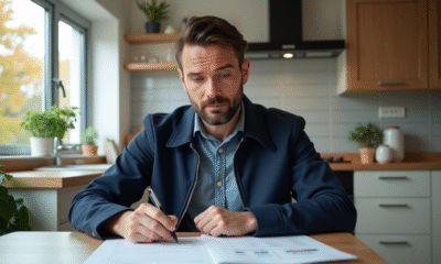 Homme d'âge moyen examine des documents d'assurance dans une cuisine lumineuse