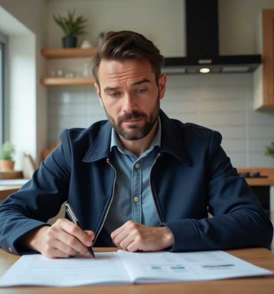 Homme d'âge moyen examine des documents d'assurance dans une cuisine lumineuse