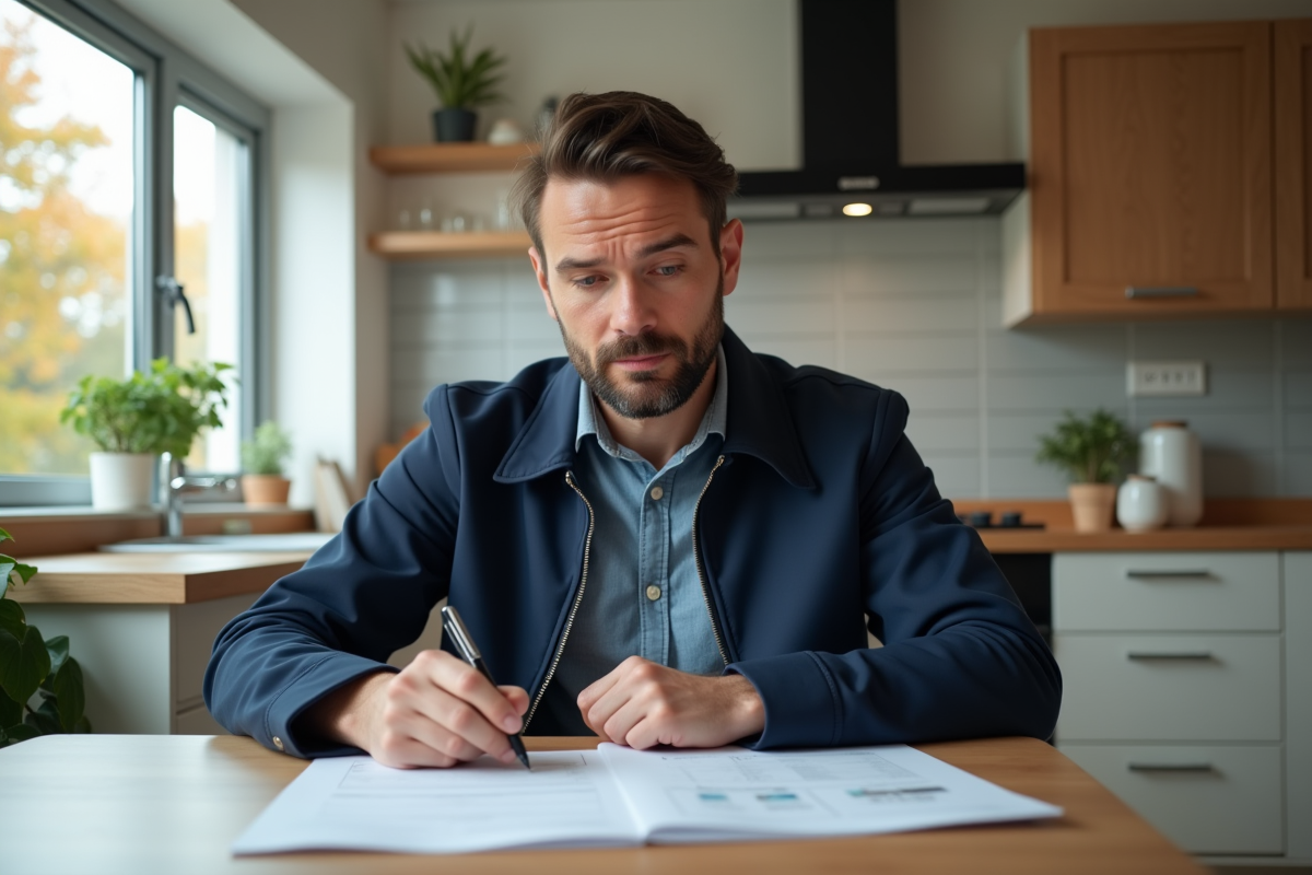 Homme d'âge moyen examine des documents d'assurance dans une cuisine lumineuse