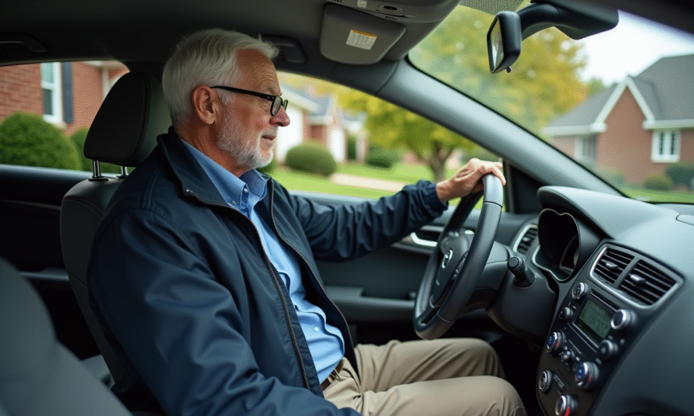 Homme senior au volant d'une voiture moderne en banlieue