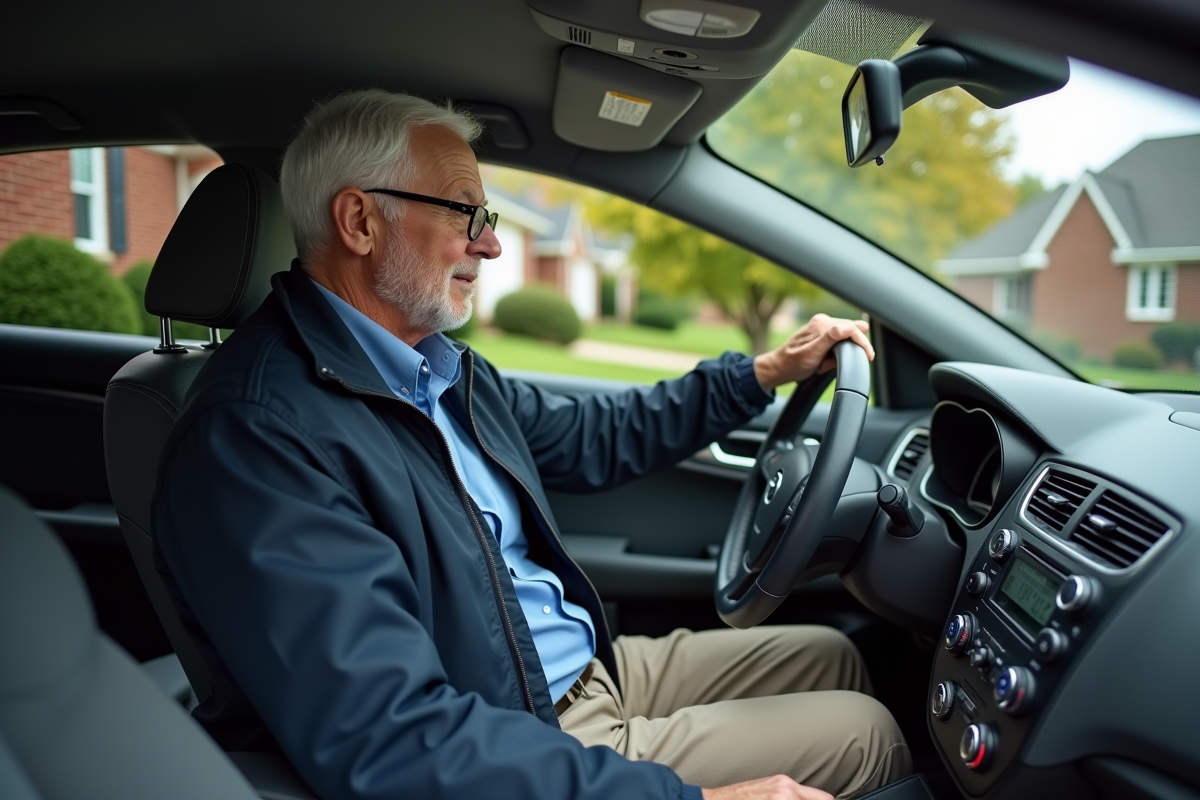 Homme senior au volant d'une voiture moderne en banlieue