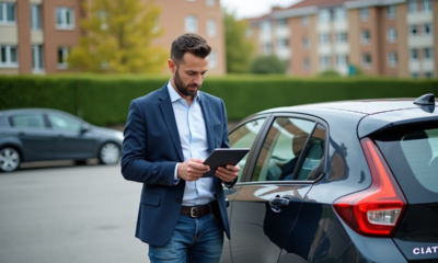 Homme d'affaires avec voiture moderne et tablette