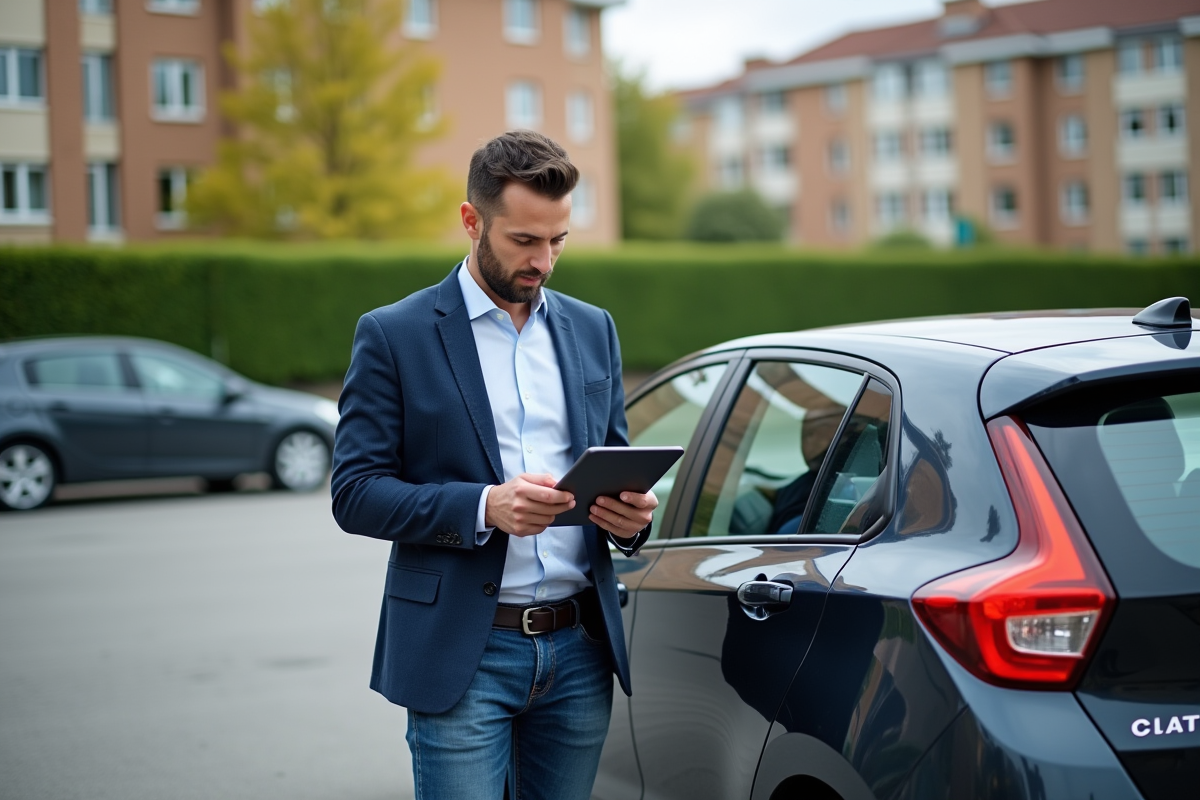 Homme d'affaires avec voiture moderne et tablette
