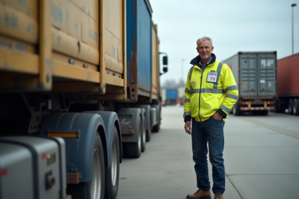 Homme en tenue haute visibilité devant un camion