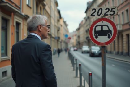 Homme d affaires regardant panneau restriction véhicules 2025