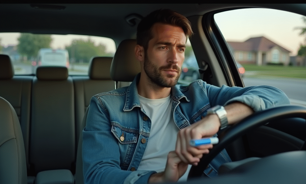 Homme en denim avec breathalyzer dans la voiture