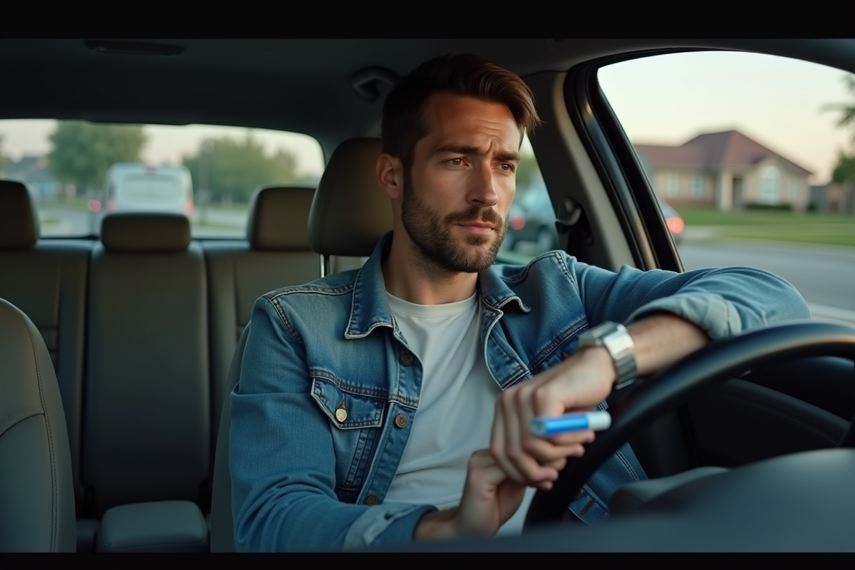 Homme en denim avec breathalyzer dans la voiture