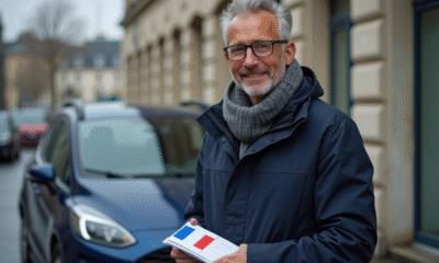 Homme d'âge moyen avec drapeau français et voiture importée