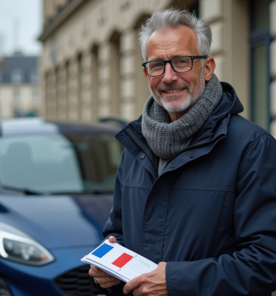 Homme d'âge moyen avec drapeau français et voiture importée