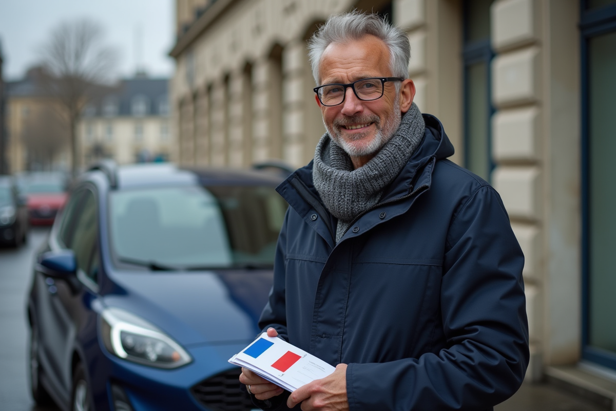 Homme d'âge moyen avec drapeau français et voiture importée