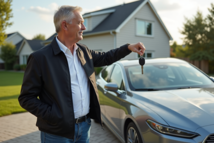 Homme d'âge moyen avec clés de voiture devant une voiture familiale