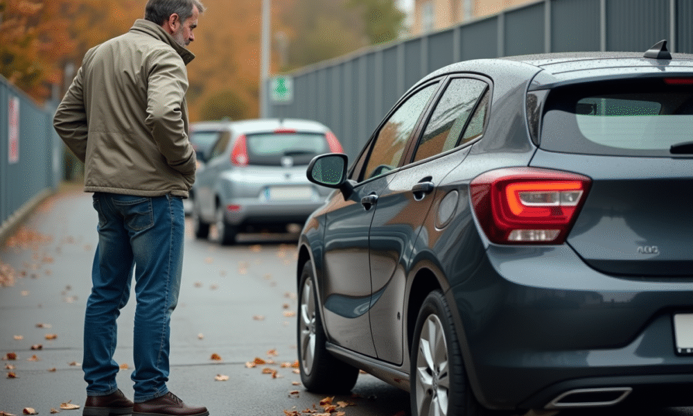 Homme inspectant une voiture d'occasion en automne