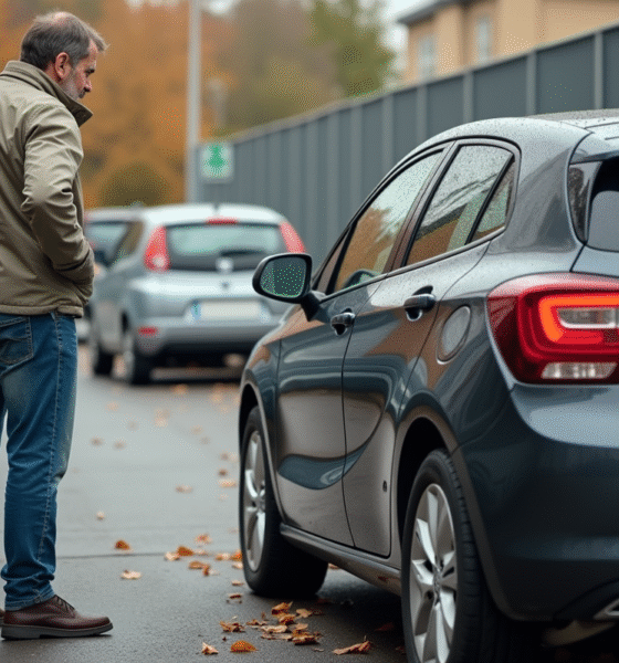 Homme inspectant une voiture d'occasion en automne