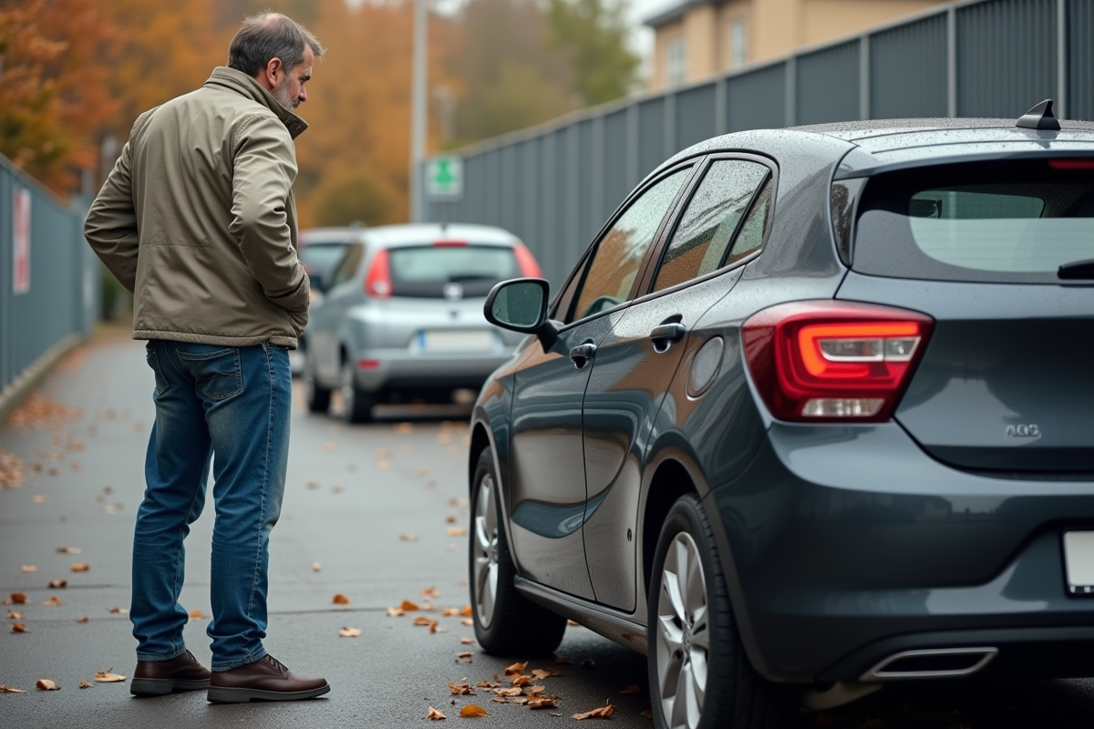 Homme inspectant une voiture d'occasion en automne