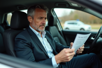Homme d'affaires regardant un PV dans sa voiture