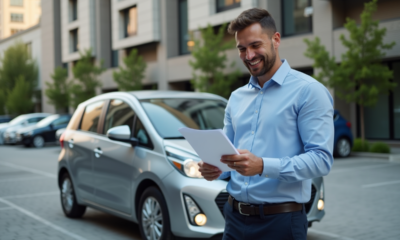 Homme examinant des papiers près d'une voiture en ville