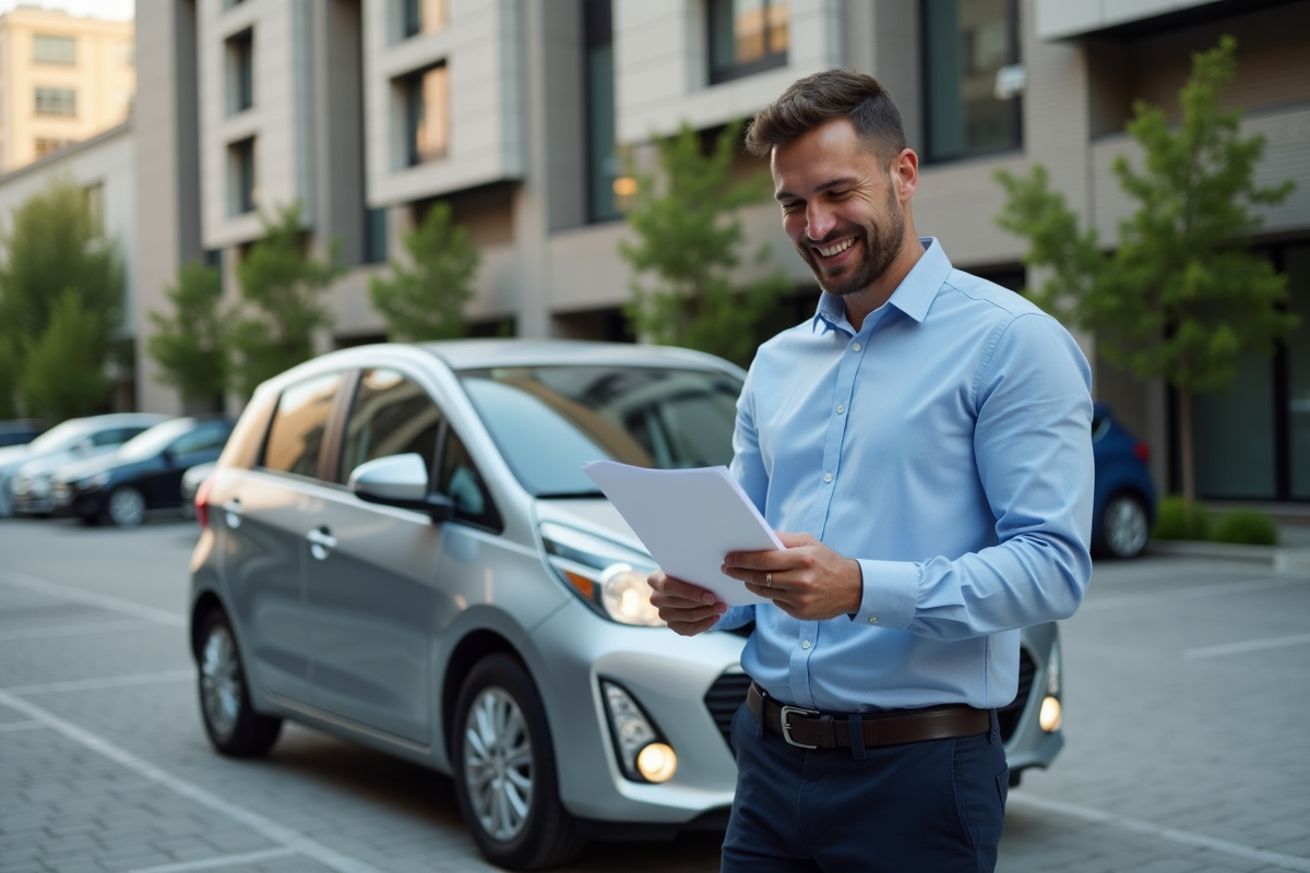 Homme examinant des papiers près d'une voiture en ville