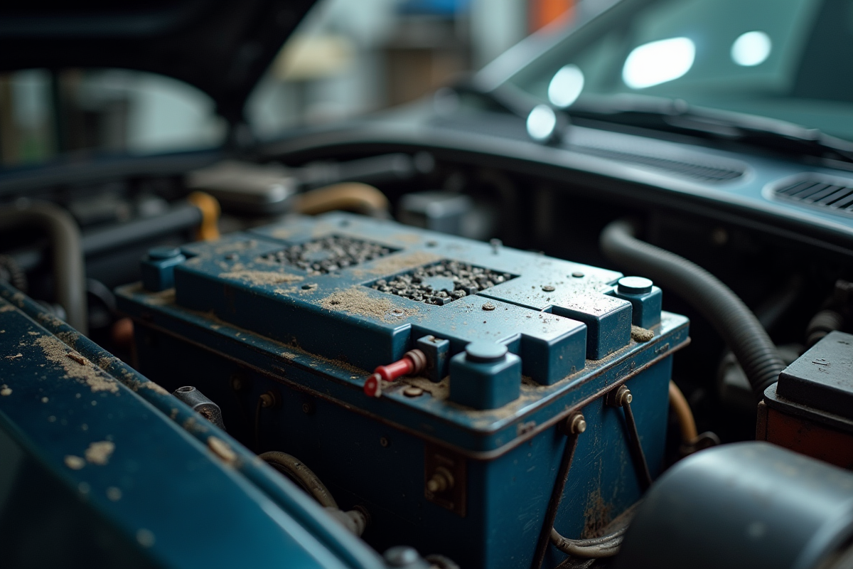Mécanicien inspectant une batterie électrique usée en atelier