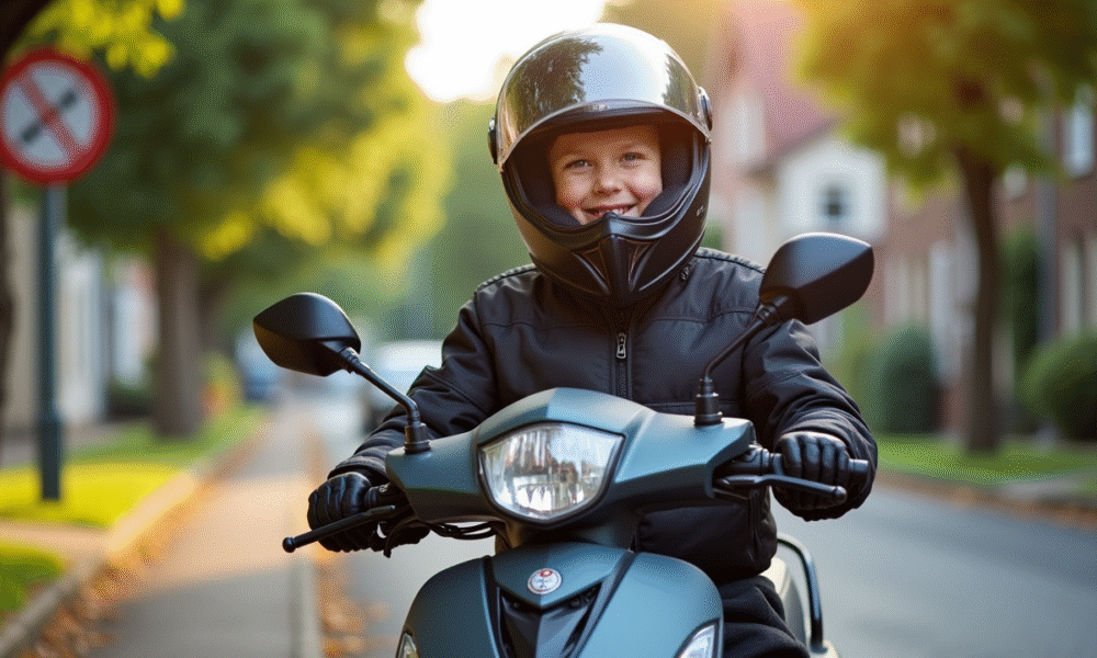 Jeune garçon en équipement moto souriant avec scooter 125cc en rue