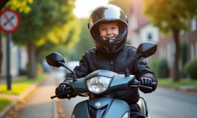 Jeune garçon en équipement moto souriant avec scooter 125cc en rue