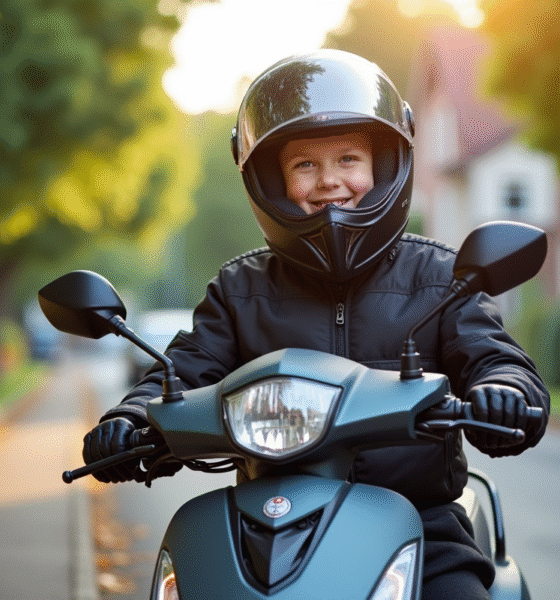 Jeune garçon en équipement moto souriant avec scooter 125cc en rue